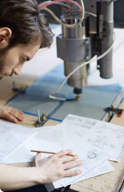 Bailey engineer drafting custom lift designs beside CNC equipment