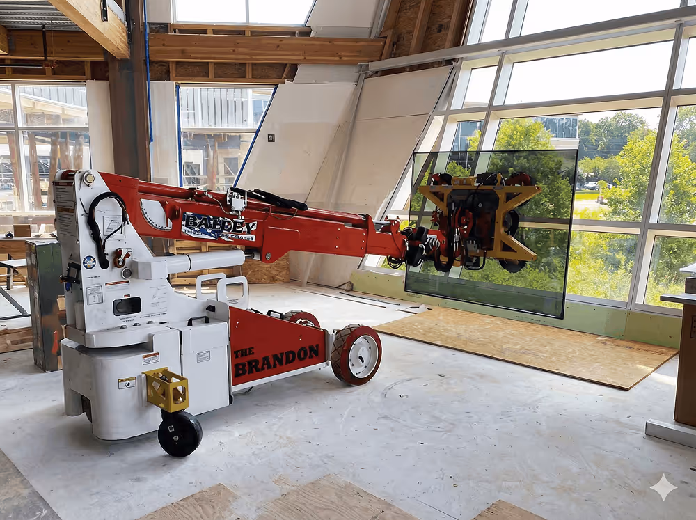 Bailey mini crane staged inside a window-lit warehouse