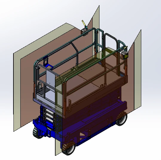 LiDAR coverage with the deck retracted — symmetrical warning and stop zones around the scissor lift