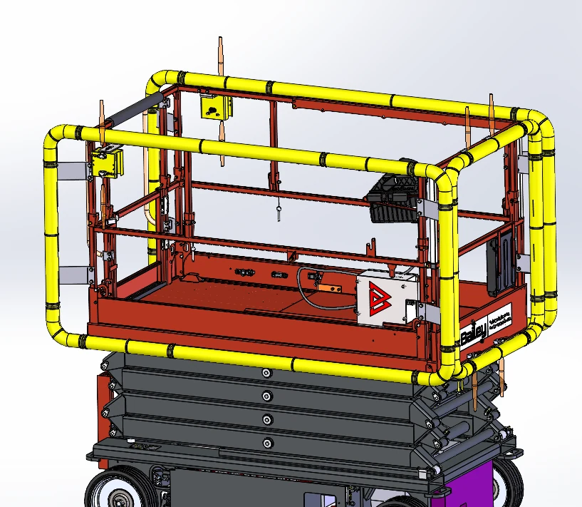 Top-down view of the scissor lift with ultrasonic sensor coverage shown as orange overlays at the front and on the scissor bracket sides
