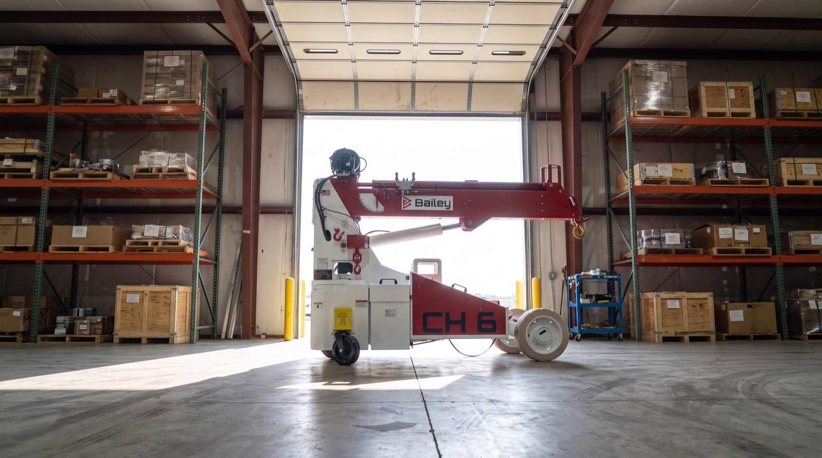 Bailey CH 6 compact handler being delivered through a large open overhead roll-up door into an industrial warehouse